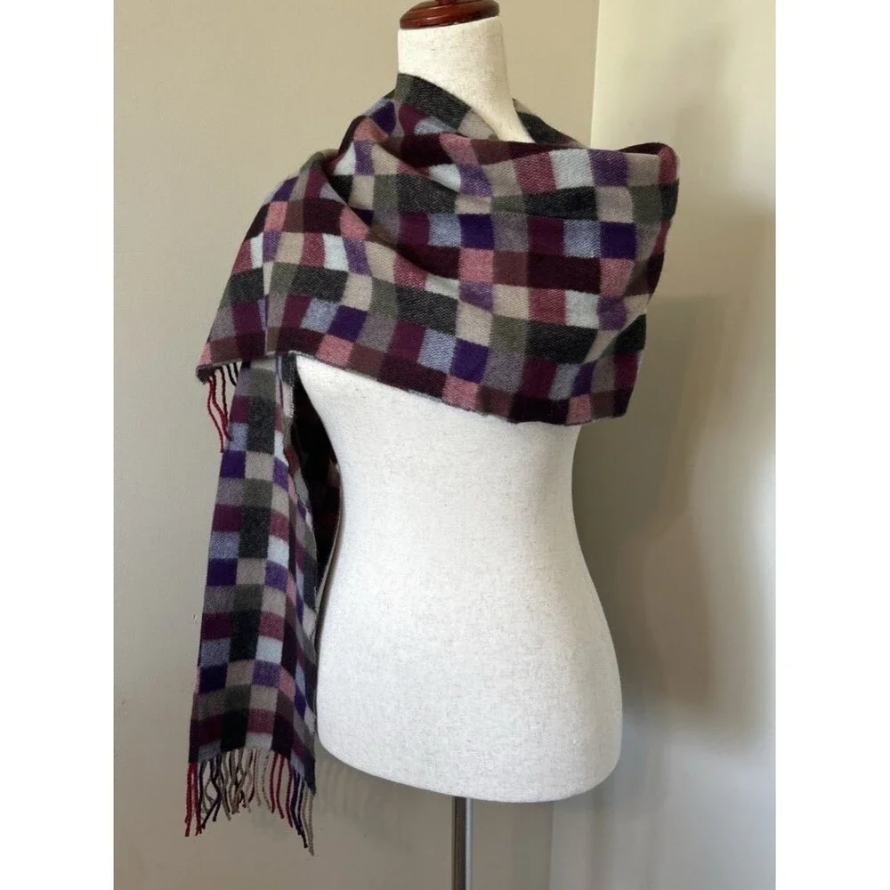 Color Block 100% Cashmere Scarf With Fringe Made In Scotland Purple Pink Check